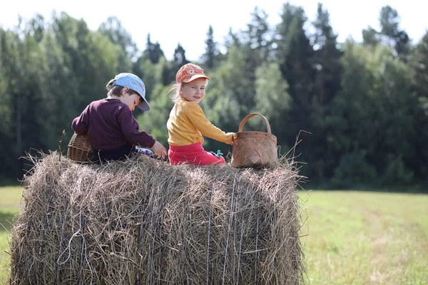 Barn går till skogen för svamp — Stockfoto