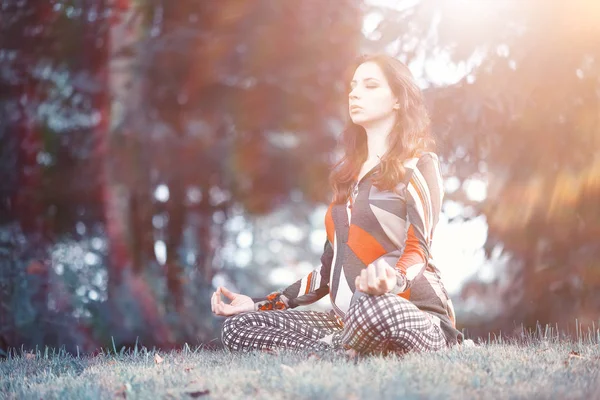 Gravid kvinna gör Yogaövning i naturen — Stockfoto