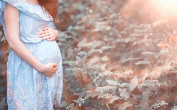 Těhotná dívka v šatech v přírodě — Stock fotografie