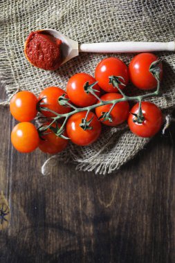 Dal taze kiraz domates ile. Olgun kırmızı domates. Domates bir
