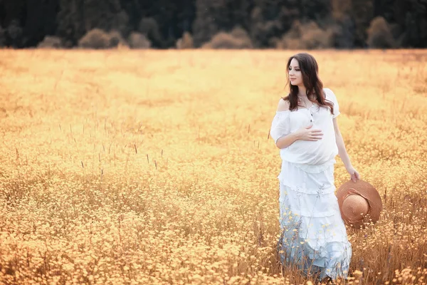 Mulher grávida na natureza para um passeio no outono — Fotografia de Stock