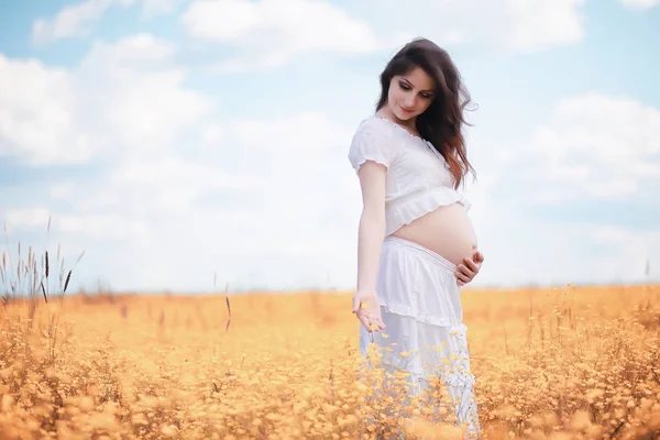 Mujer embarazada en la naturaleza para un paseo en el otoño —  Fotos de Stock