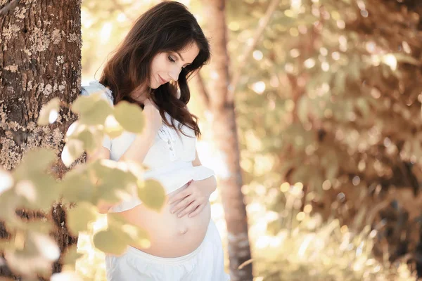 Donna incinta in natura per una passeggiata in autunno — Foto Stock
