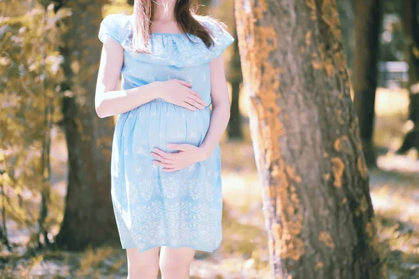 Zwanger meisje in een jurk in de natuur — Stockfoto