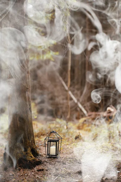 Een kristallen bol in de rook. Een magische accessoire in het bos op — Stockfoto