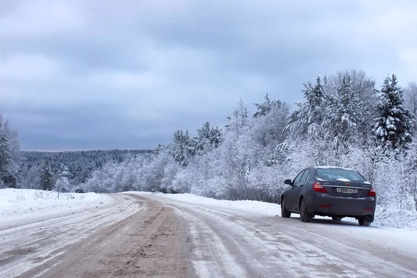 景观路在冬季积雪的森林覆盖 — 图库照片