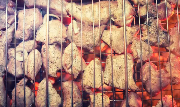 Fatias de carne picada em uma grelha para cozinhar churrasco em charco — Fotografia de Stock