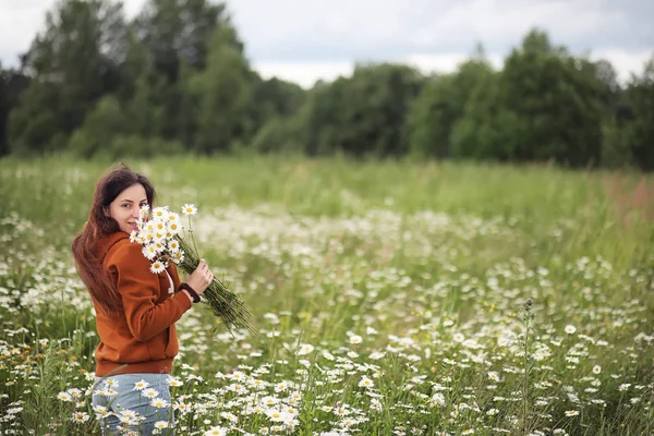 Piękna dziewczyna zbiera stokrotki w lato pole — Zdjęcie stockowe