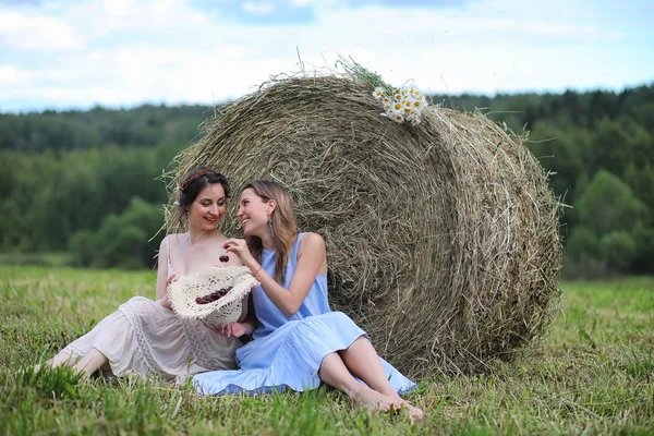 Dos Hermosas Chicas Vestidos Campo Verano Con Bayas — Foto de Stock