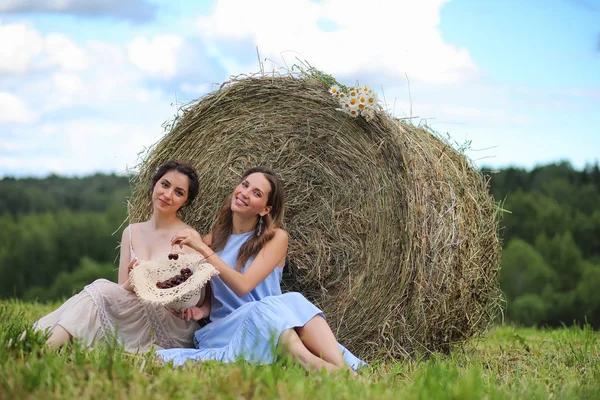 Dos chicas en vestidos en el campo de verano — Foto de Stock