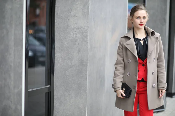 Cute businesswoman goes to a business meeting in a cafe