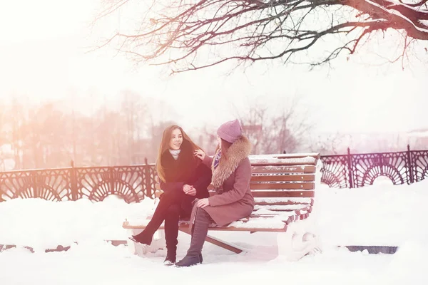 Una joven en un parque de invierno en un paseo. Vacaciones de Navidad en t —  Fotos de Stock