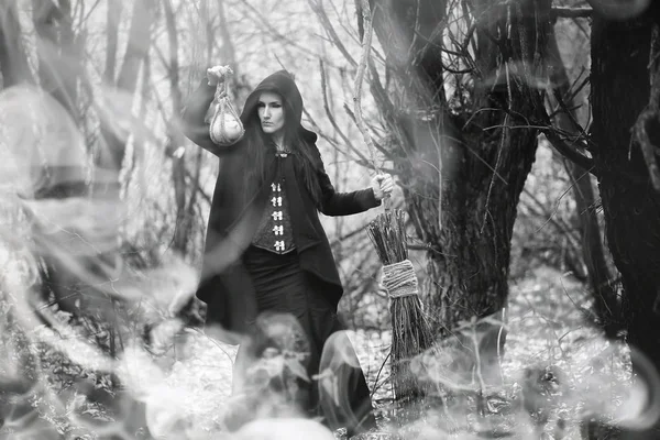 Donna in abito da strega in una fitta foresta — Foto Stock