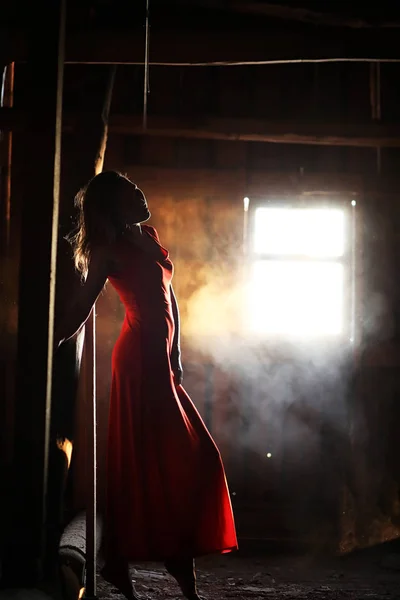 Silhouette of a beautiful girl in a red dress — Stock Photo, Image