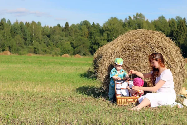 Mother with twins in field — Stock Photo, Image