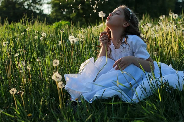 Adolescente soprando sementes de uma flor de dente de leão em um parque de primavera — Fotografia de Stock