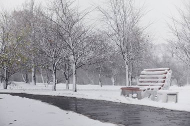 Karla kaplı Kış park ve banklar. Park ve beslenme için pier 