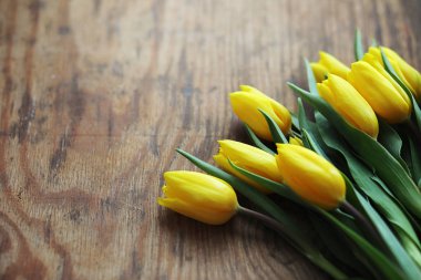 Bir buket yerdeki bir vazoda Sarı laleler. Bir w için bir hediye