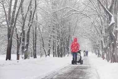 Karla kaplı Kış park ve banklar. Park ve beslenme için pier 