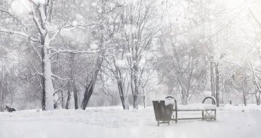 Karla kaplı Kış park ve banklar. Park ve beslenme için pier 