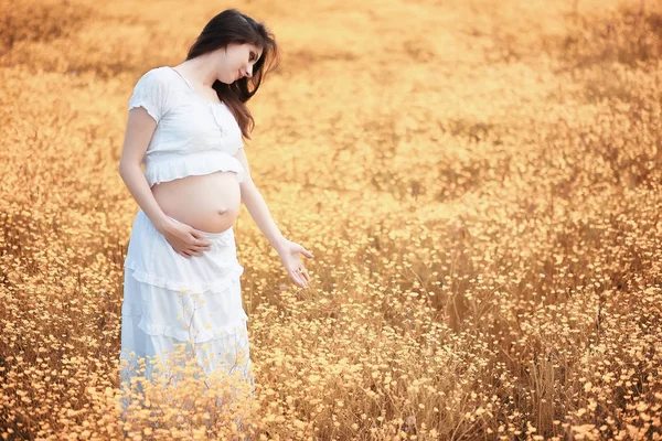 Kobieta w ciąży w naturze na spacer jesienią — Zdjęcie stockowe