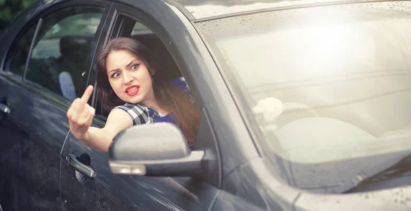 Girl driving a car bad emotions — Stock Photo, Image