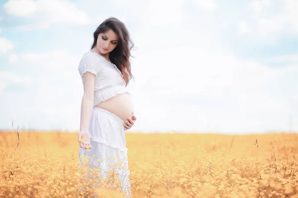 Mulher grávida na natureza para um passeio no outono — Fotografia de Stock