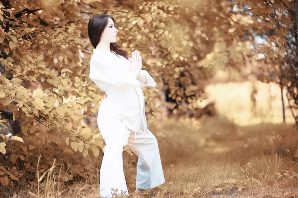 Schwangere macht im Herbst Yoga-Übungen — Stockfoto