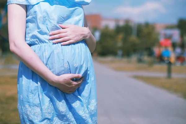 Chica embarazada en un vestido en la naturaleza — Foto de Stock