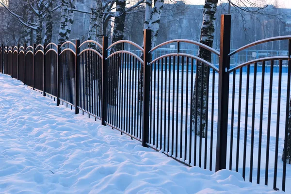 Winter landscape iron fence at sunset — Stock Photo, Image