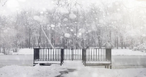 Χιονισμένο πάρκο χειμώνα και παγκάκια. Πάρκο και την προβλήτα για τη σίτιση — Φωτογραφία Αρχείου