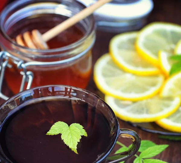 Té con limón y menta en la naturaleza. Una taza de té de menta caliente con le — Foto de Stock