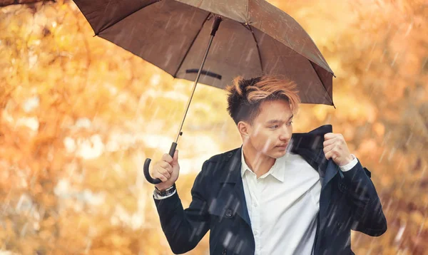 Herbstpark Bei Regnerischem Wetter Und Ein Junger Mann Mit Regenschirm — Stockfoto