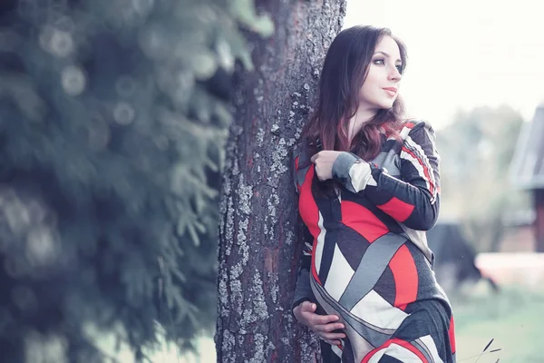 Menina grávida em um vestido na natureza — Fotografia de Stock