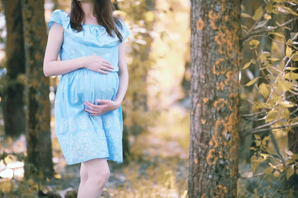 怀孕的女孩在自然的礼服 — 图库照片