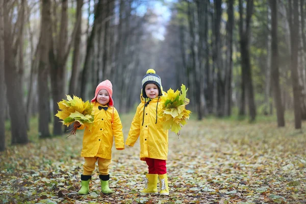 Copiii merg pe jos în parcul de toamnă — Fotografie, imagine de stoc