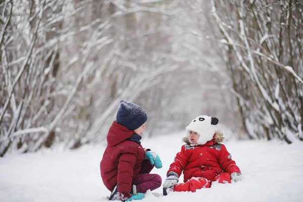 Família jovem com crianças estão andando no parque de inverno. Winte... — Fotografia de Stock