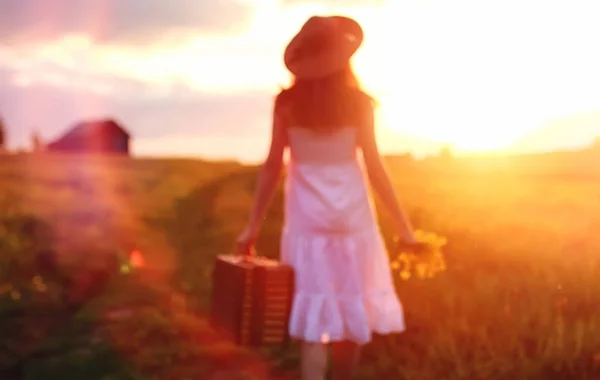 Ragazza in primavera sul campo. Una ragazza con una valigia cammina — Foto Stock