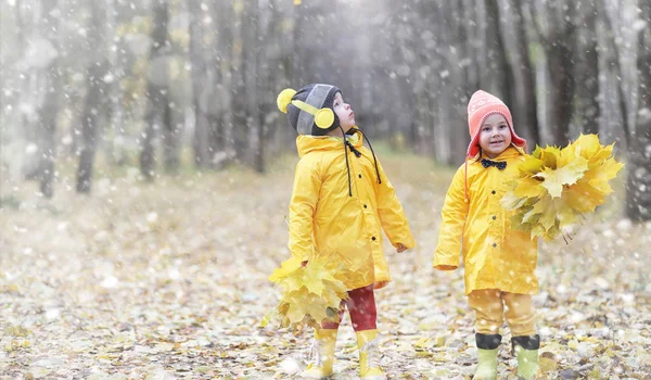 Sonbahar parkta bir yürüyüş üzerinde küçük çocuklar. İlk frost ve ilk — Stok fotoğraf