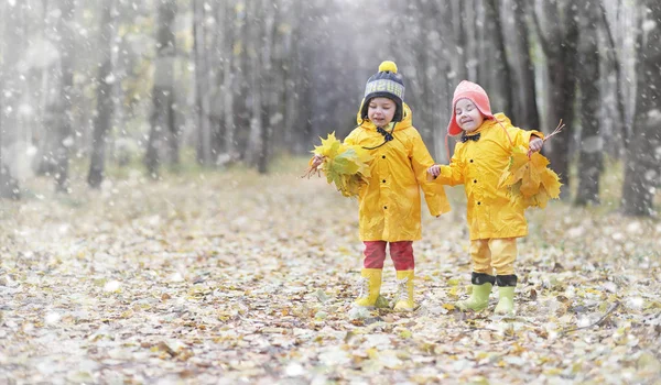 Petits enfants en promenade dans le parc d'automne. Premier gel et le premier — Photo