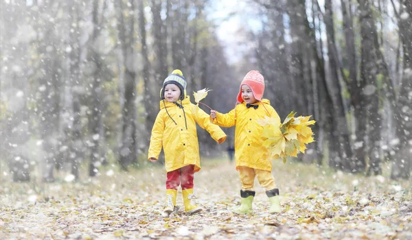 Sonbahar parkta bir yürüyüş üzerinde küçük çocuklar. İlk frost ve ilk — Stok fotoğraf