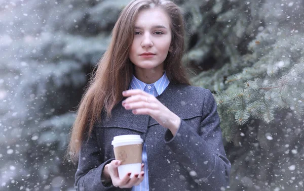 Jong meisje buiten in de winter. Model meisje poseren buitenshuis — Stockfoto