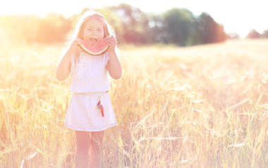 Bir buğday alan genç kız. Yaz peyzaj ve bir kız bir na üzerinde