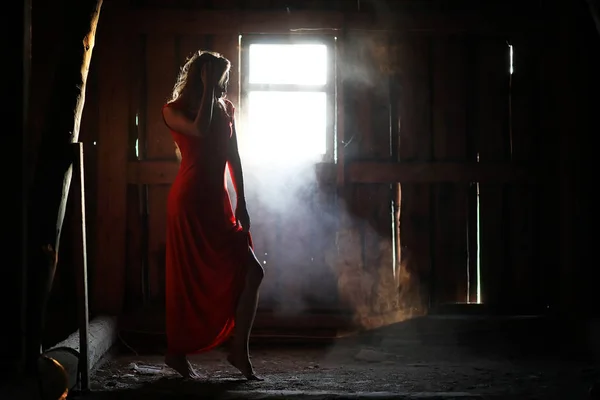 赤いドレスを着た美しい少女のシルエット — ストック写真
