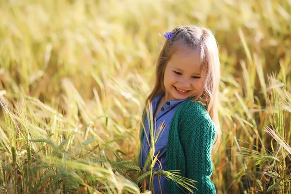 Eine junge Mutter geht auf Weizenfeldern spazieren — Stockfoto
