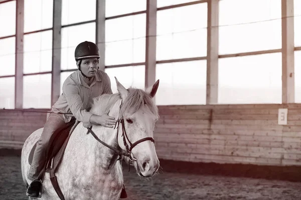 Молодь на тренувальному коні на дерев'яній арені — стокове фото