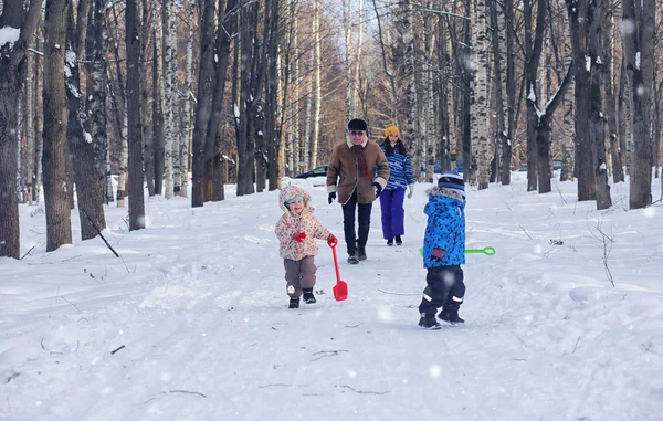Niño jugando en un parque de invierno y divertirse con la familia — Foto de Stock