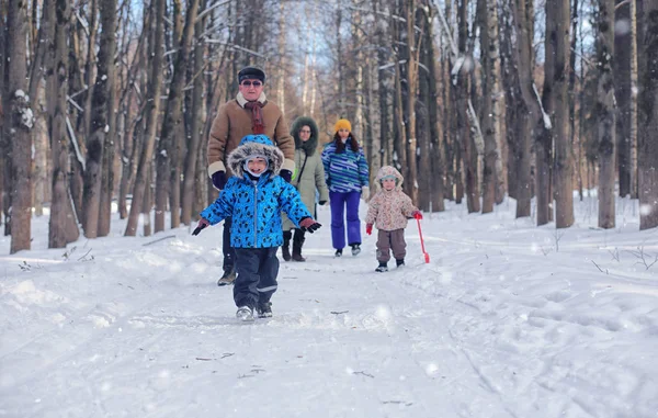 Niño jugando en un parque de invierno y divertirse con la familia — Foto de Stock