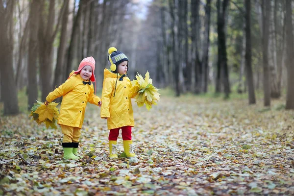 Barnen går i höstparken — Stockfoto