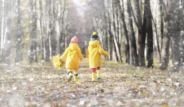 Petits enfants en promenade dans le parc d'automne. Premier gel et le premier — Photo